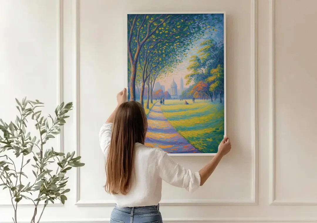 Phoenix Park Tranquility canvas wall art being hung on a paneled wall