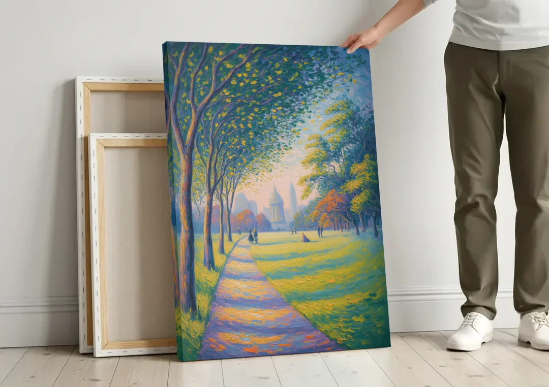 Phoenix Park Tranquility canvas wall art leaning against a wall next to blank canvases