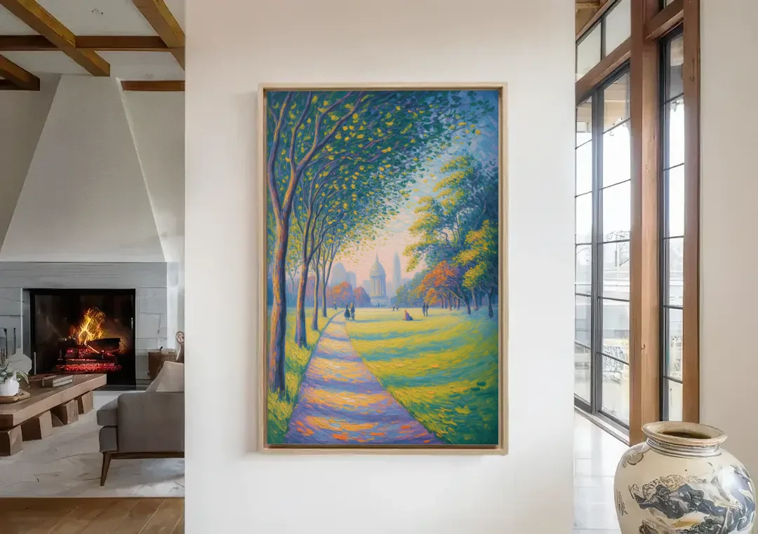 Phoenix Park Tranquility canvas wall art in a living room with a fireplace