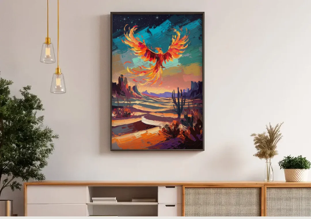 Phoenix Rising Desert Colors canvas wall art above a wooden sideboard under pendant lights