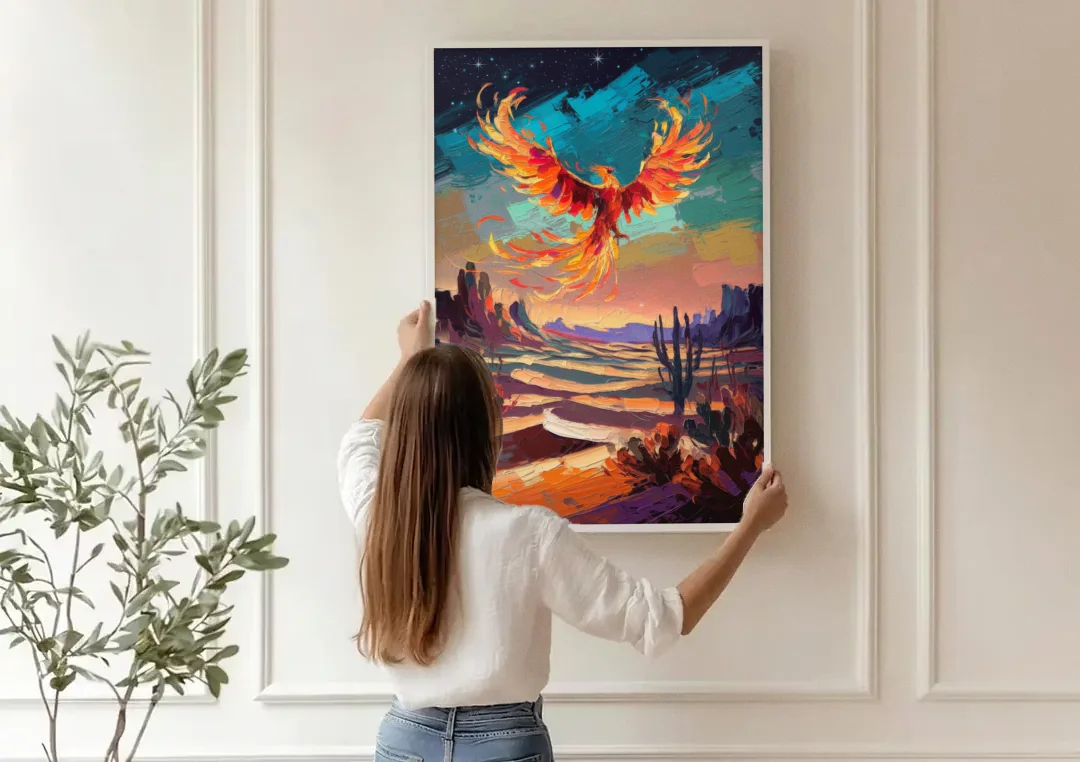 Phoenix Rising Desert Colors canvas wall art being hung on a paneled wall