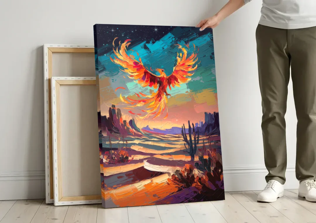 Phoenix Rising Desert Colors canvas wall art leaning against a wall next to blank canvases