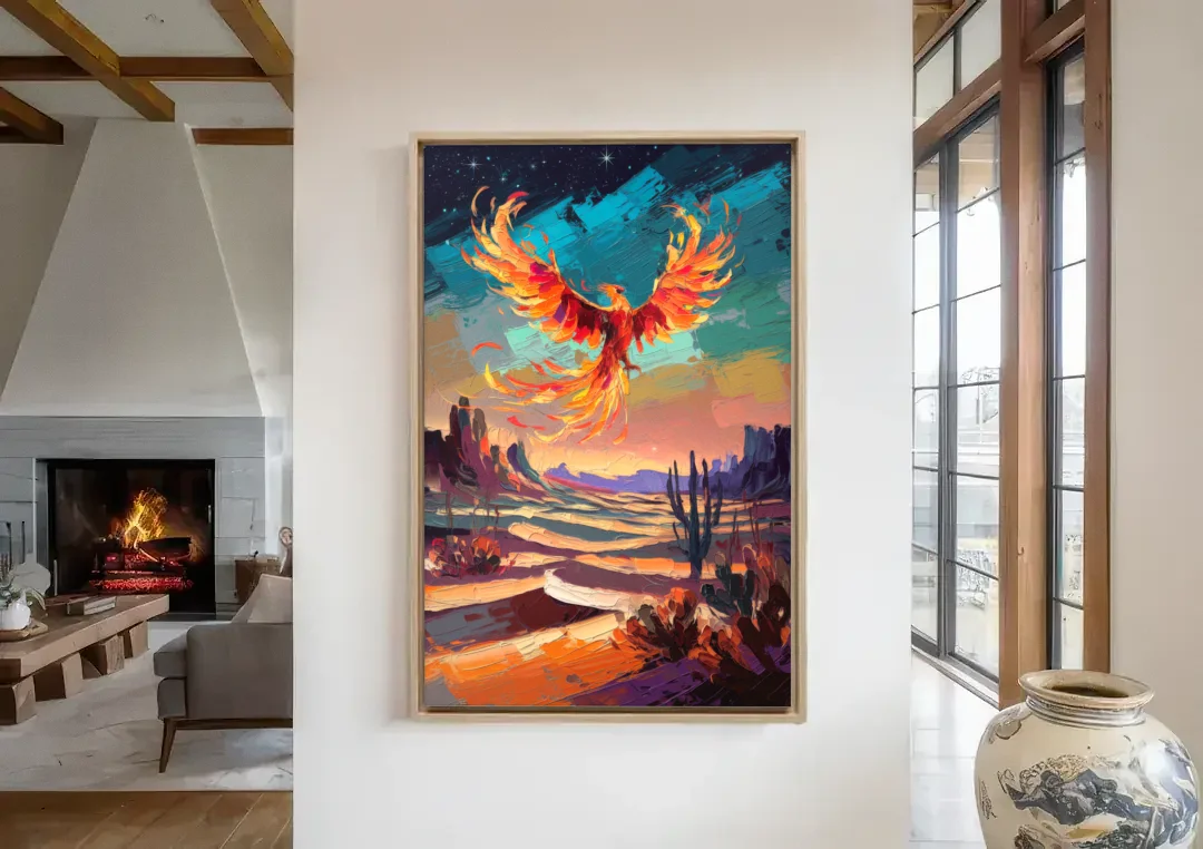 Phoenix Rising Desert Colors canvas wall art in a living room with a fireplace