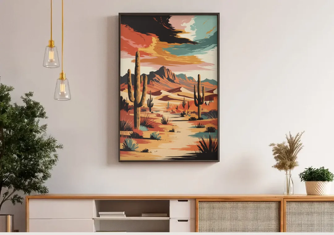 Phoenix Scenic Desert Beauty canvas wall art above a wooden sideboard under pendant lights