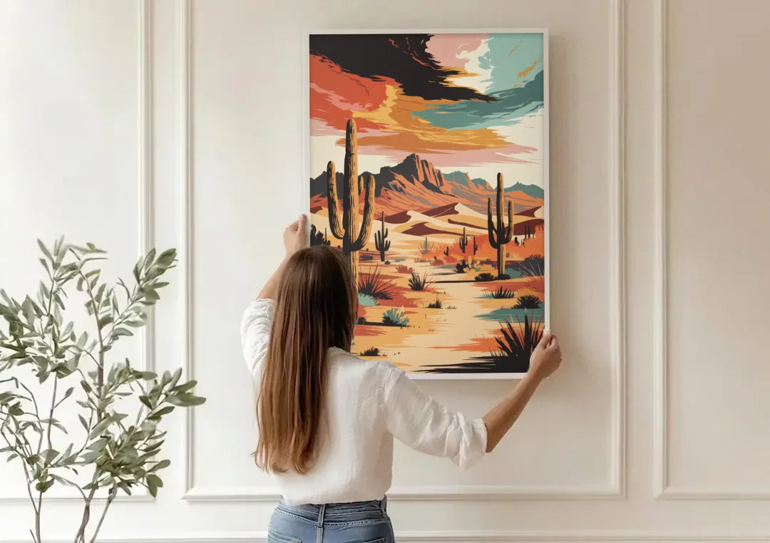 Phoenix Scenic Desert Beauty canvas wall art being hung on a paneled wall
