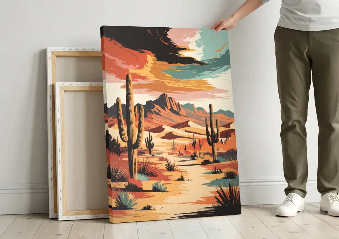 Phoenix Scenic Desert Beauty canvas wall art leaning against a wall next to blank canvases
