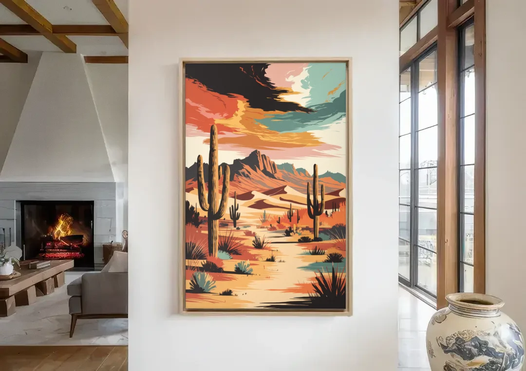 Phoenix Scenic Desert Beauty canvas wall art in a living room with a fireplace