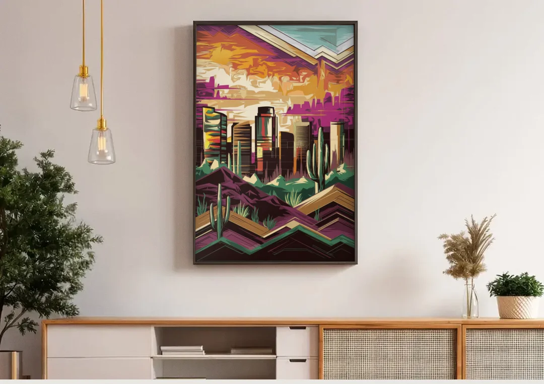 Phoenix Skyline at Sunset canvas wall art above a wooden sideboard under pendant lights