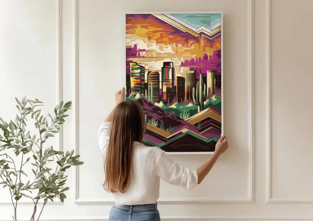Phoenix Skyline at Sunset canvas wall art being hung on a paneled wall