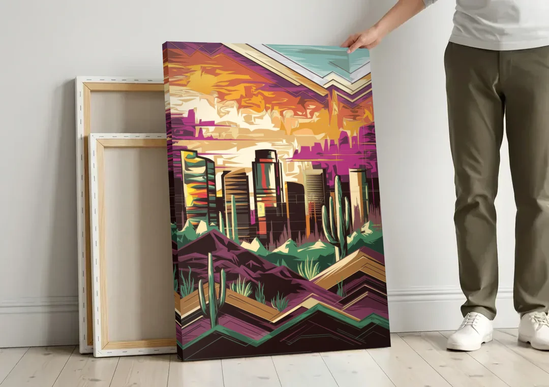 Phoenix Skyline at Sunset canvas wall art leaning against a wall next to blank canvases