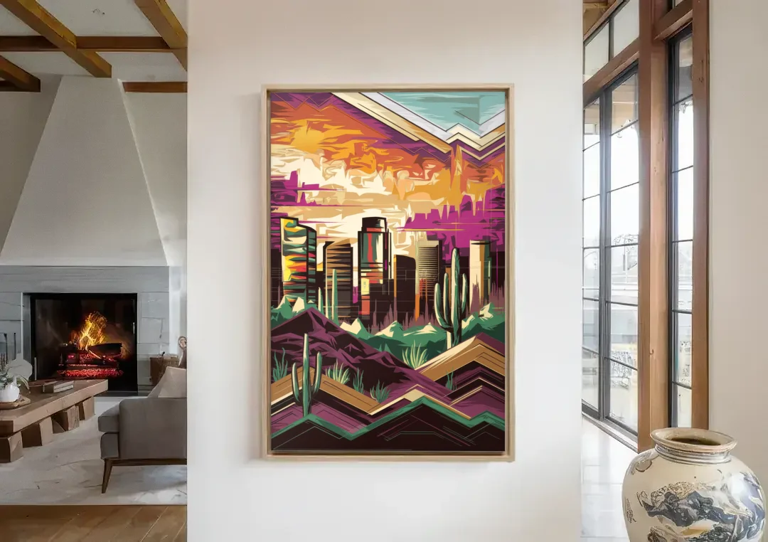 Phoenix Skyline at Sunset canvas wall art in a living room with a fireplace