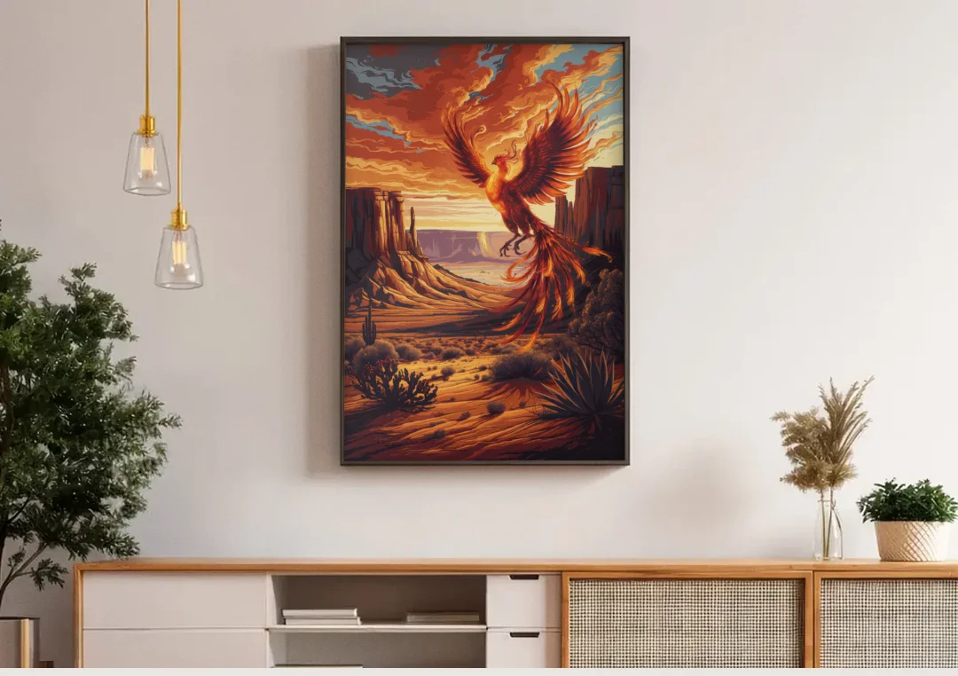 Phoenix Southwest Charm canvas wall art above a wooden sideboard under pendant lights