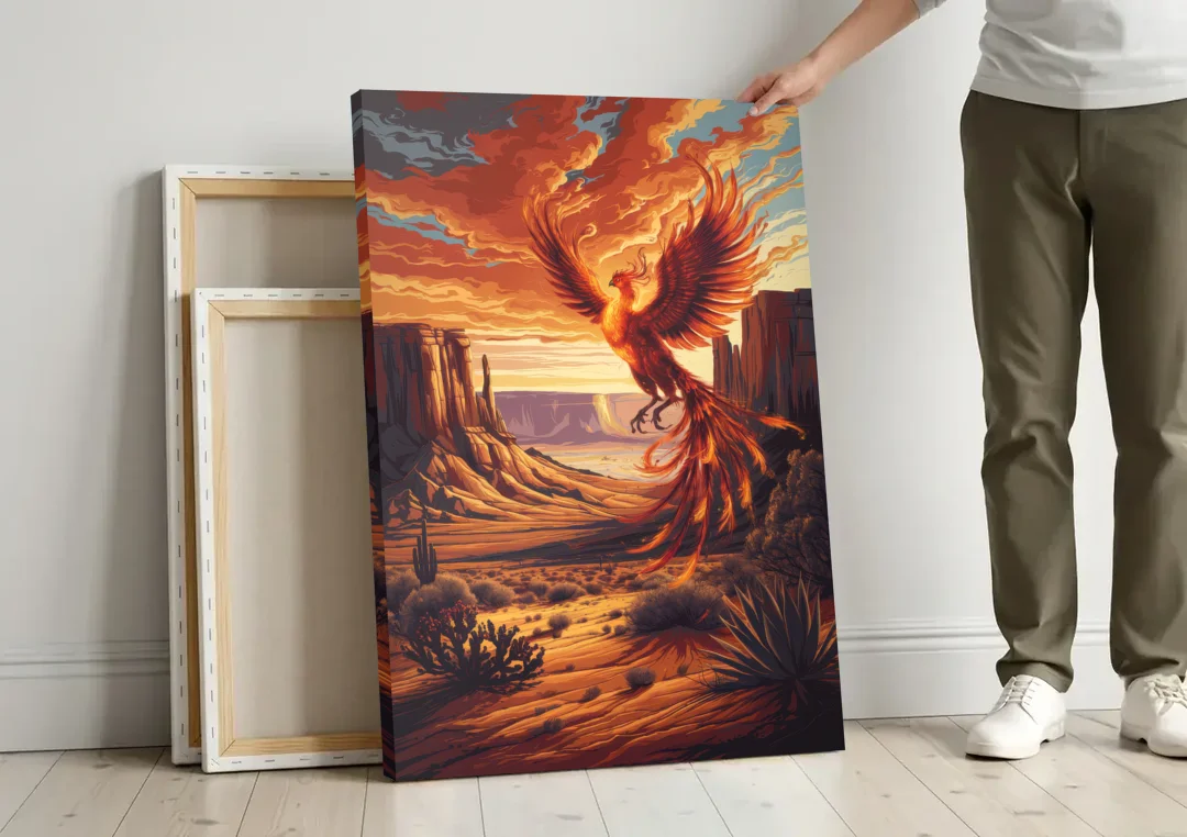 Phoenix Southwest Charm canvas wall art leaning against a wall next to blank canvases