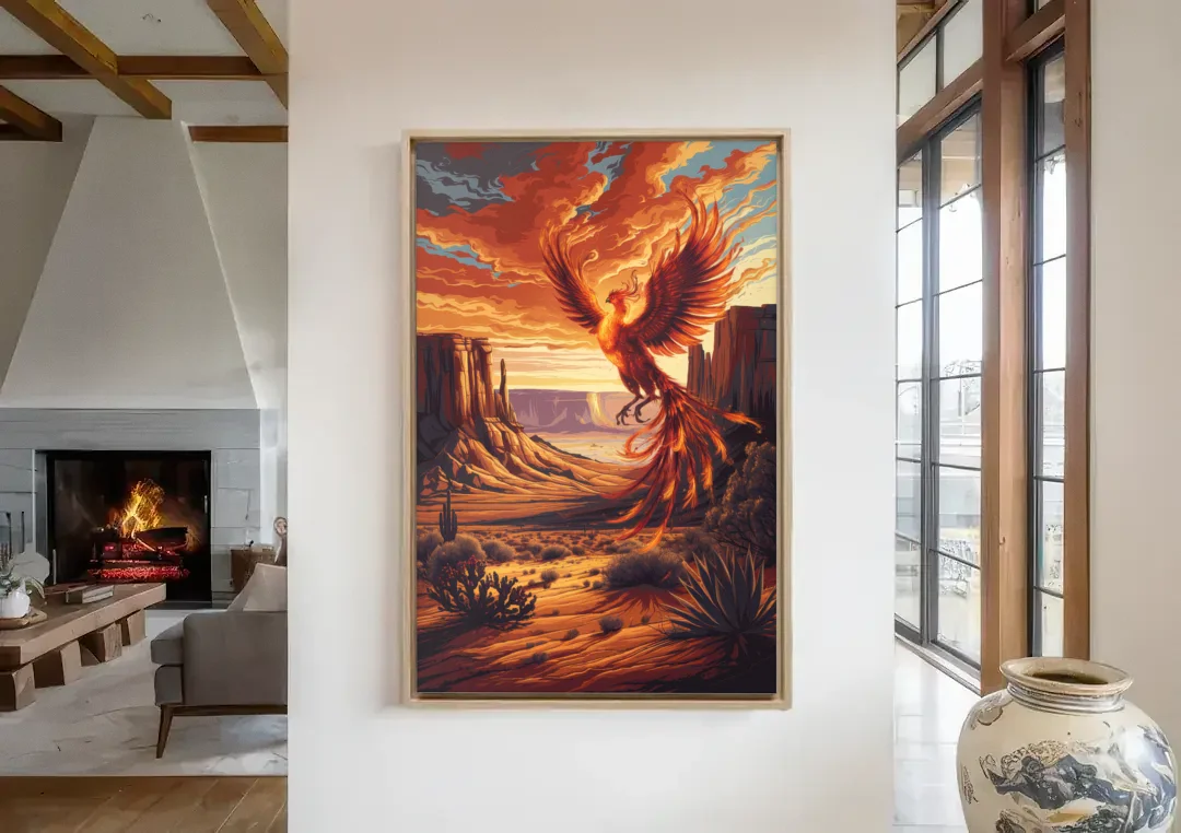 Phoenix Southwest Charm canvas wall art in a living room with a fireplace