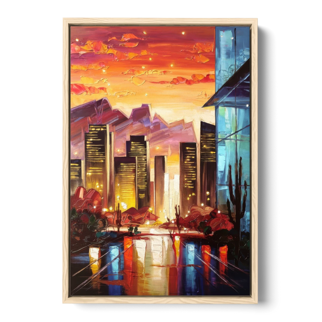 Phoenix Sunsets Over the City - Oak Framed Canvas Wall Art - Front