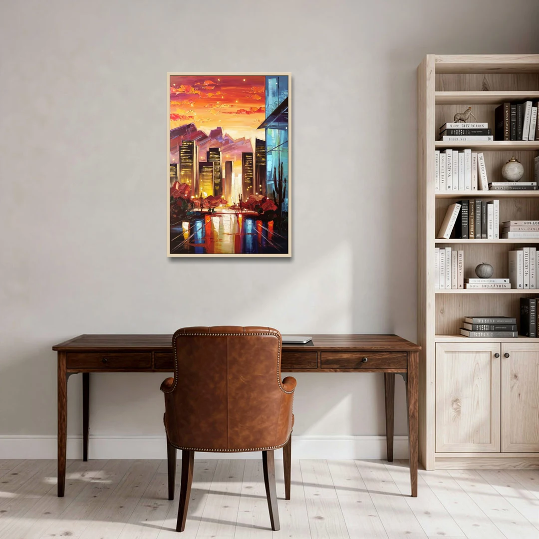 Phoenix Sunsets Over the City - Oak Framed Canvas Wall Art - Office - 24x36