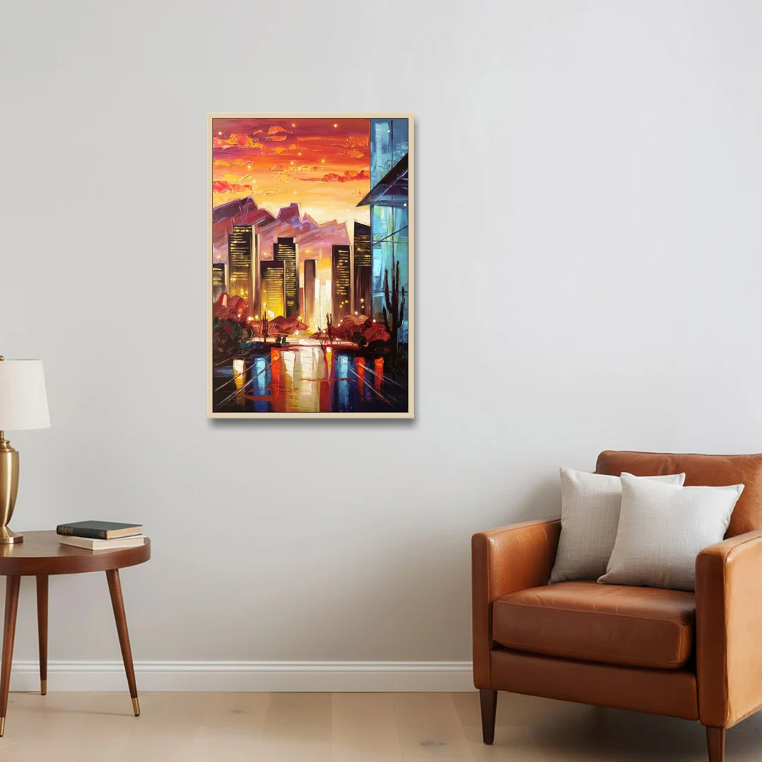 Phoenix Sunsets Over the City - Oak Framed Canvas Wall Art - Sofa - 24x36