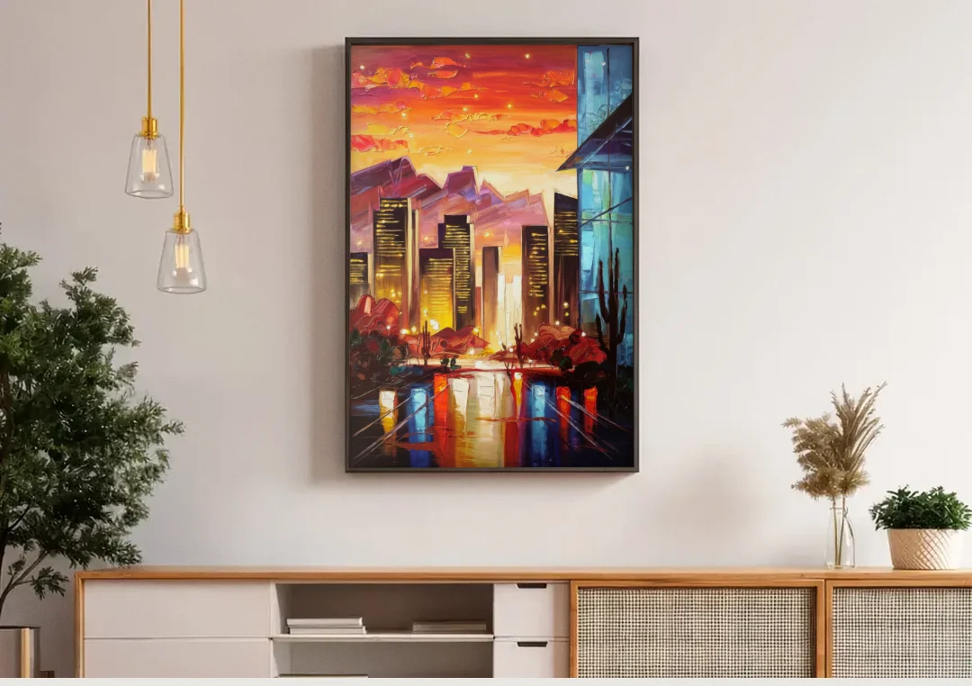 Phoenix Sunsets Over the City canvas wall art above a wooden sideboard under pendant lights
