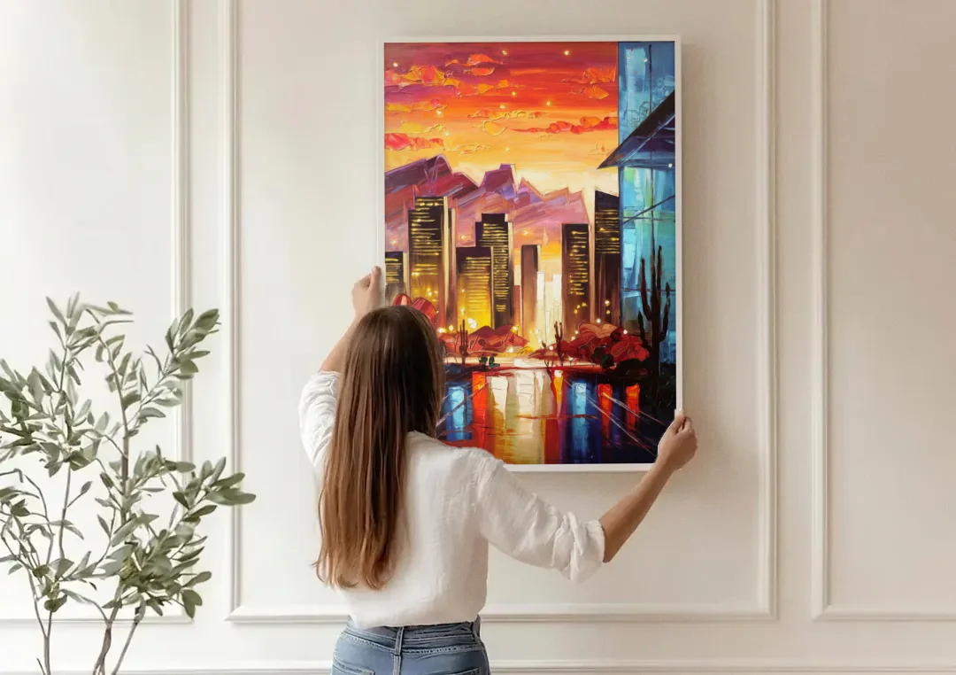 Phoenix Sunsets Over the City canvas wall art being hung on a paneled wall
