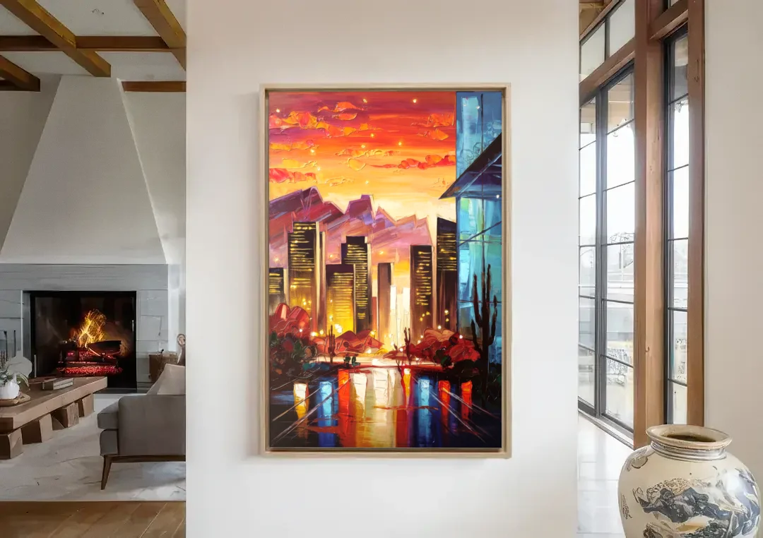 Phoenix Sunsets Over the City canvas wall art in a living room with a fireplace