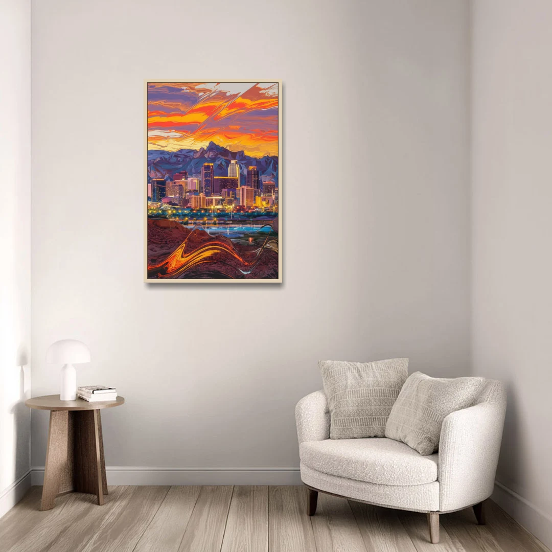 Phoenix Vibrant City Life - Oak Framed Canvas Wall Art - Sofa - 24x36