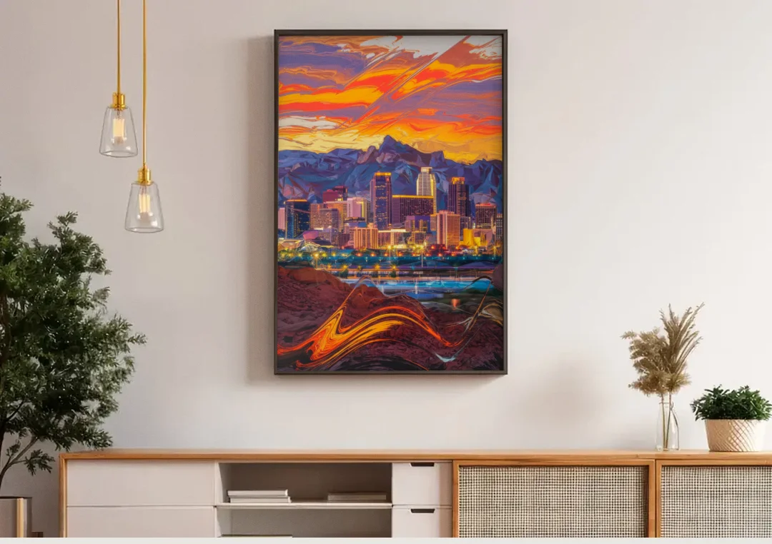 Phoenix Vibrant City Life canvas wall art above a wooden sideboard under pendant lights