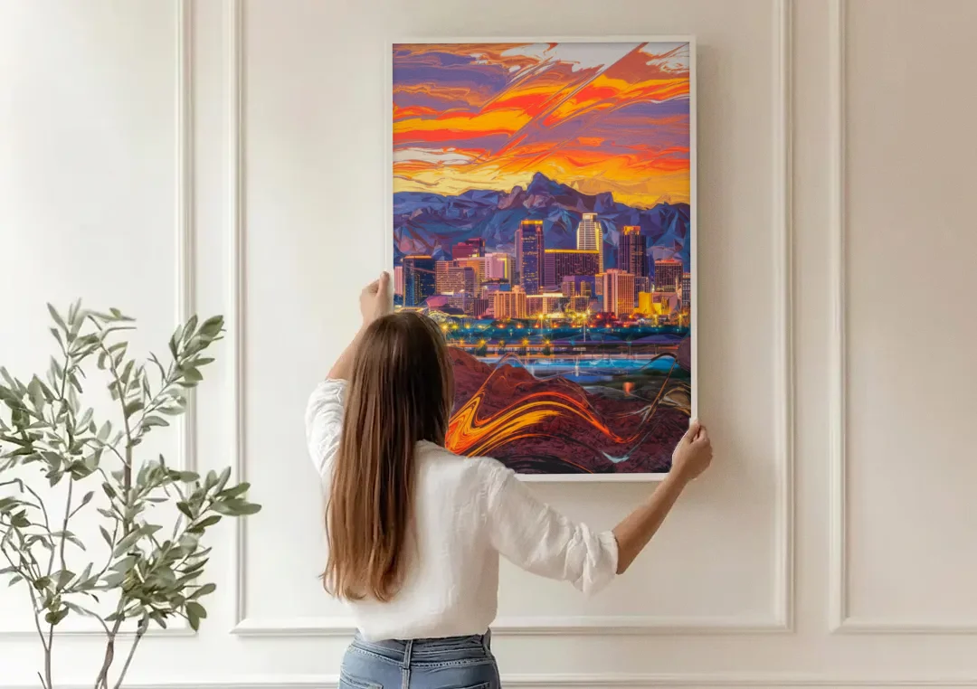 Phoenix Vibrant City Life canvas wall art being hung on a paneled wall