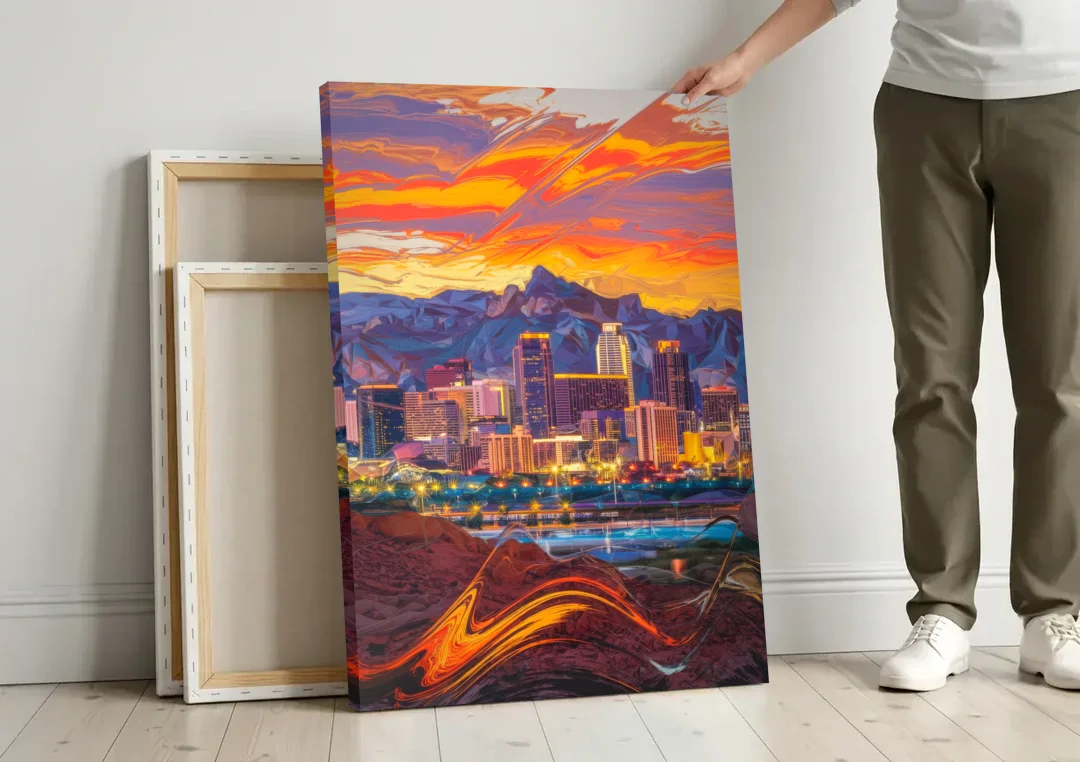 Phoenix Vibrant City Life canvas wall art leaning against a wall next to blank canvases