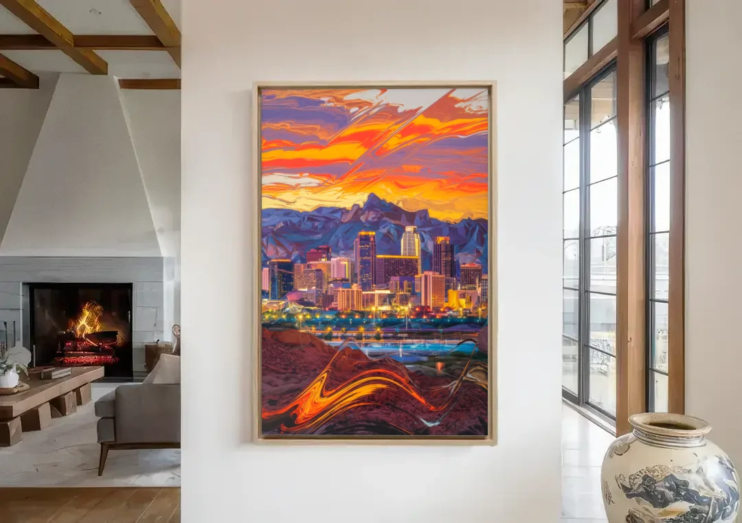 Phoenix Vibrant City Life canvas wall art in a living room with a fireplace