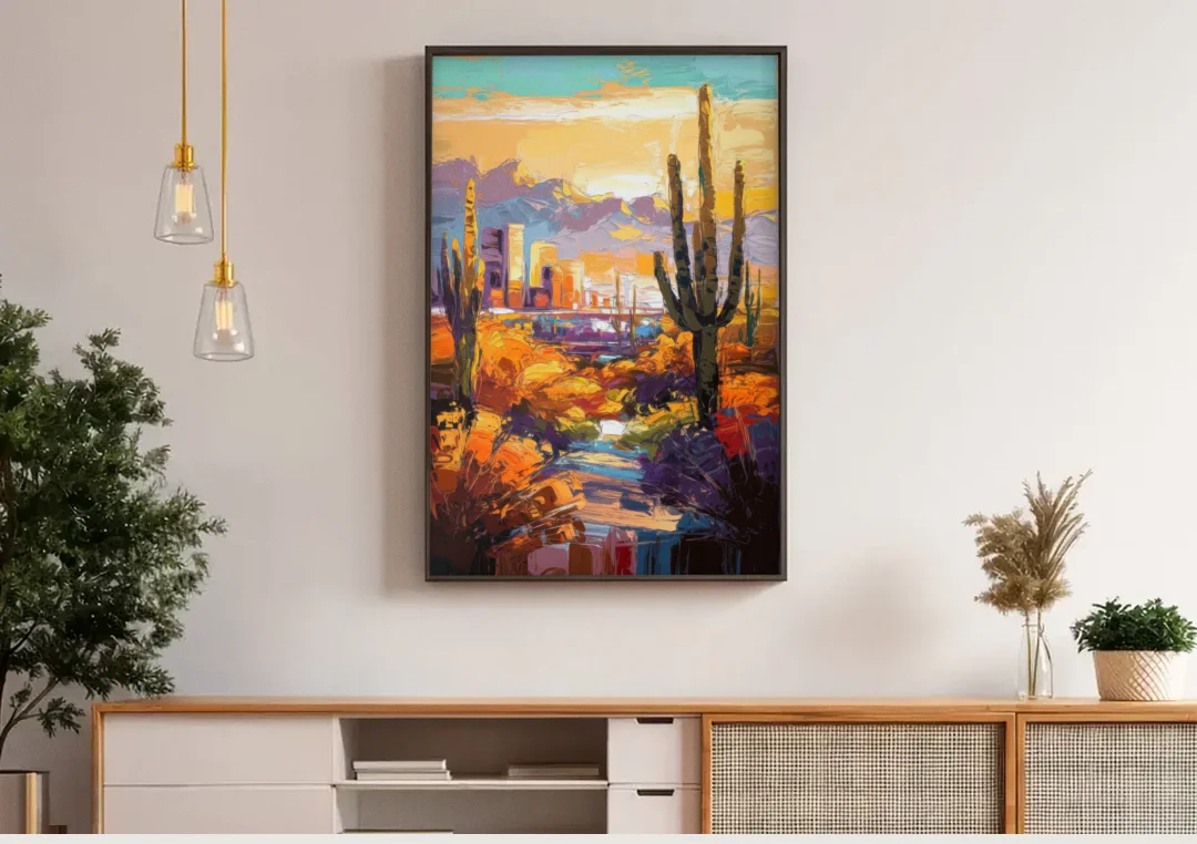 Phoenix Vibrant Urban Desert canvas wall art above a wooden sideboard under pendant lights