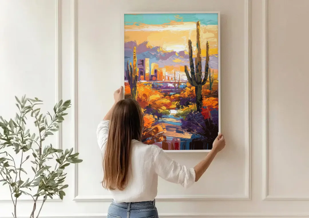 Phoenix Vibrant Urban Desert canvas wall art being hung on a paneled wall
