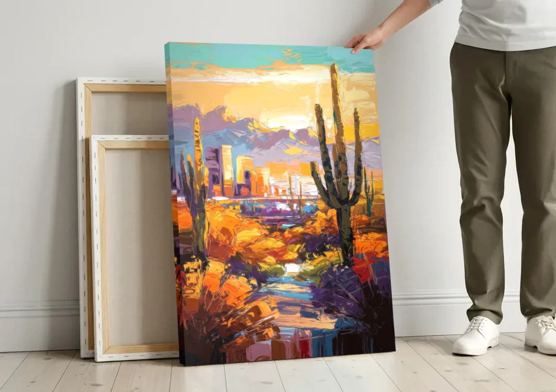 Phoenix Vibrant Urban Desert canvas wall art leaning against a wall next to blank canvases