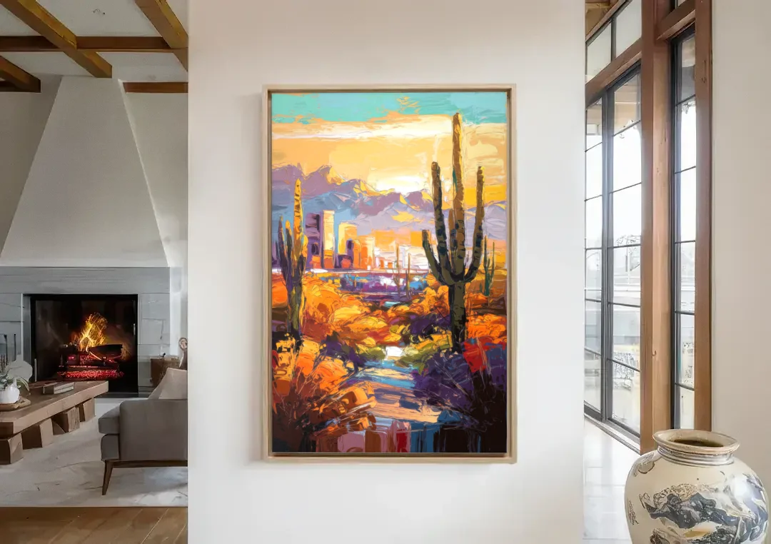 Phoenix Vibrant Urban Desert canvas wall art in a living room with a fireplace