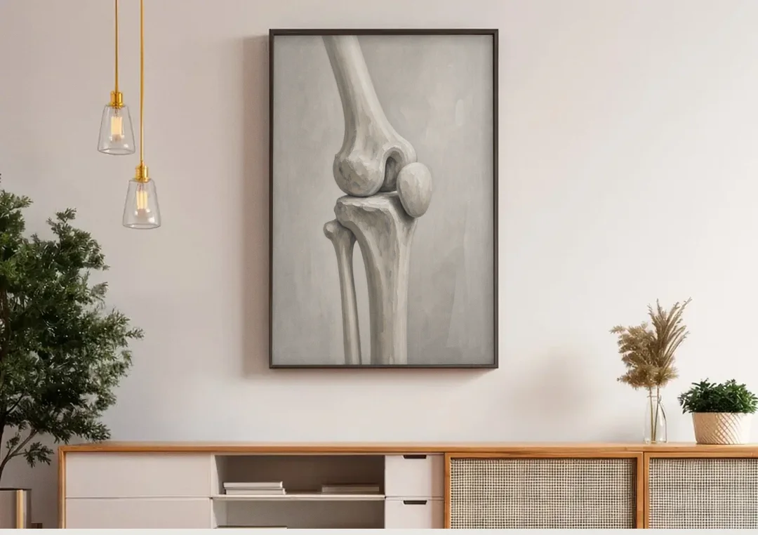 Physical Therapy Wall Art of the Knee Joint canvas wall art above a wooden sideboard under pendant lights