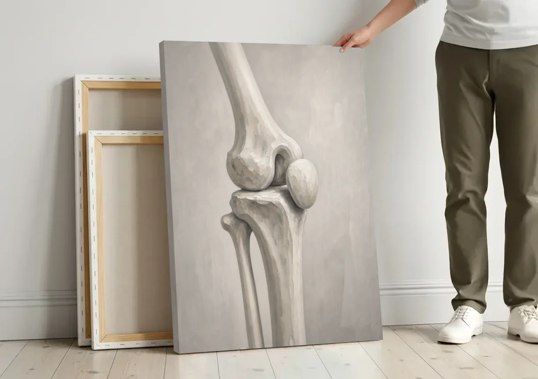 Physical Therapy Wall Art of the Knee Joint canvas wall art leaning against a wall next to blank canvases