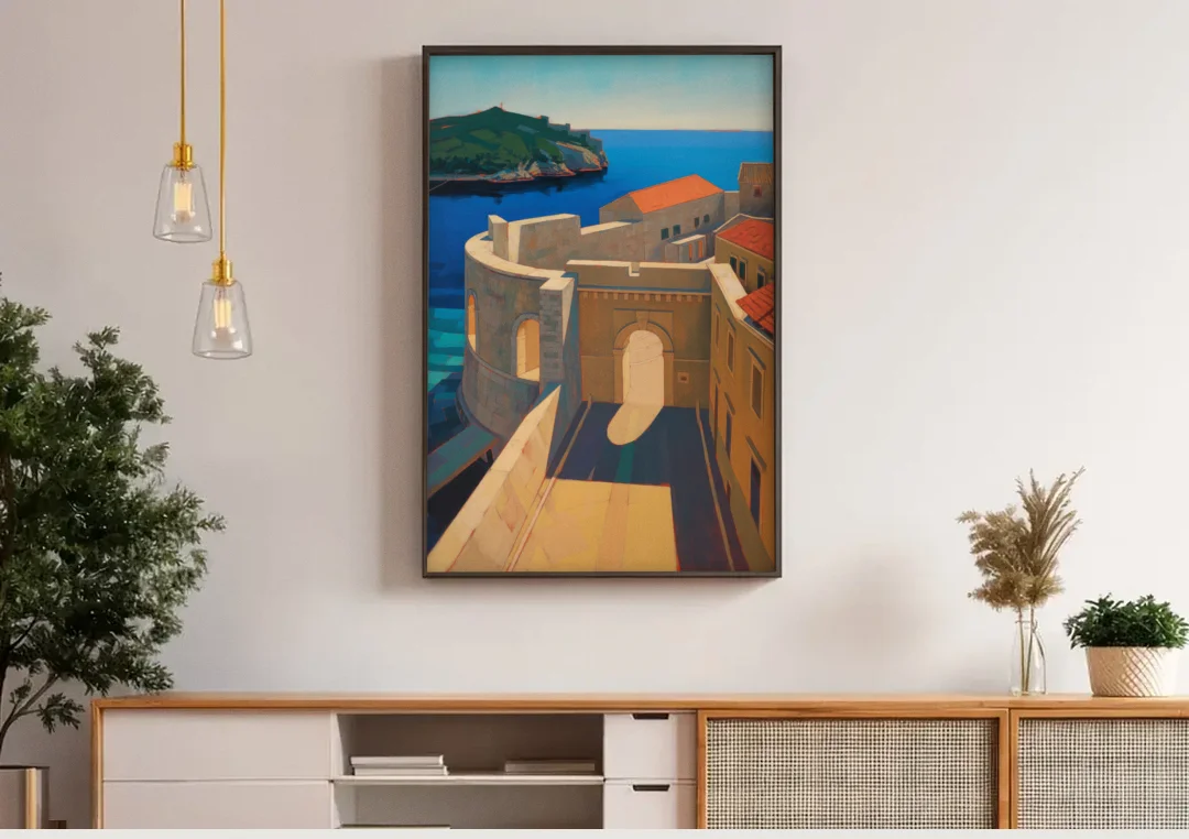Pile Gate Majesty canvas wall art above a wooden sideboard under pendant lights