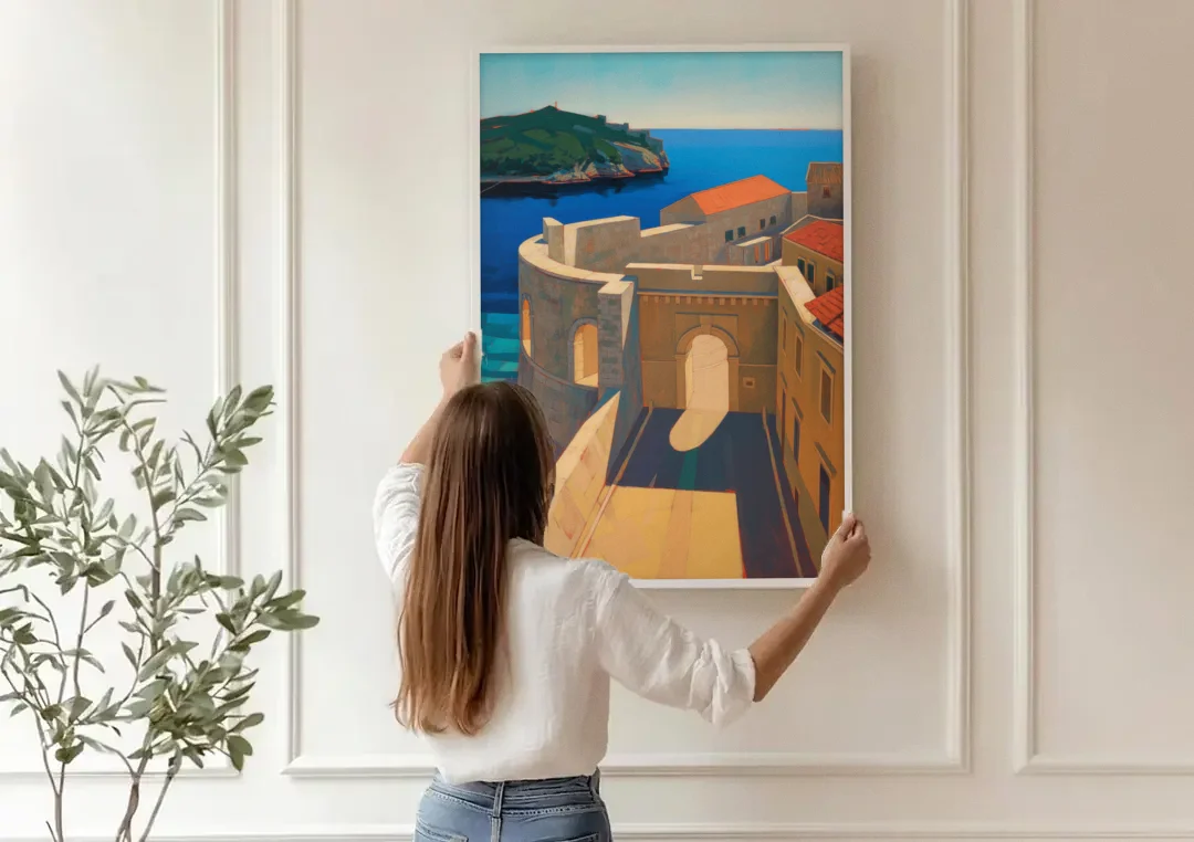 Pile Gate Majesty canvas wall art being hung on a paneled wall