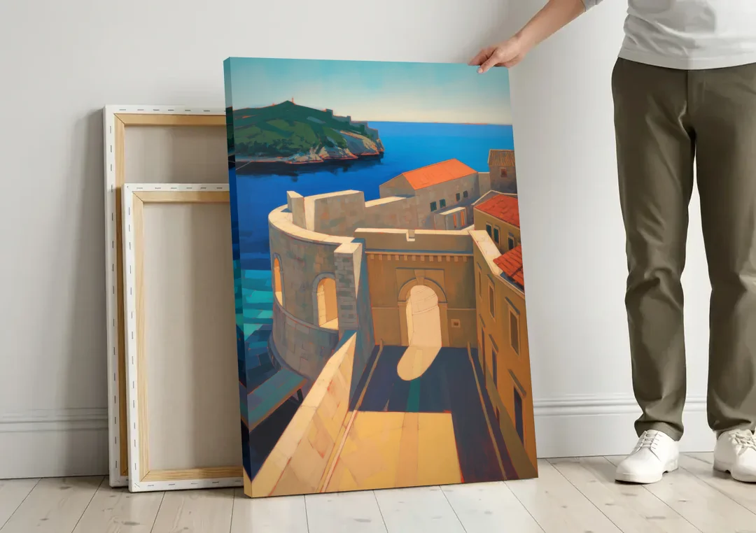 Pile Gate Majesty canvas wall art leaning against a wall next to blank canvases