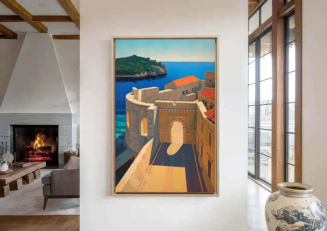 Pile Gate Majesty canvas wall art in a living room with a fireplace