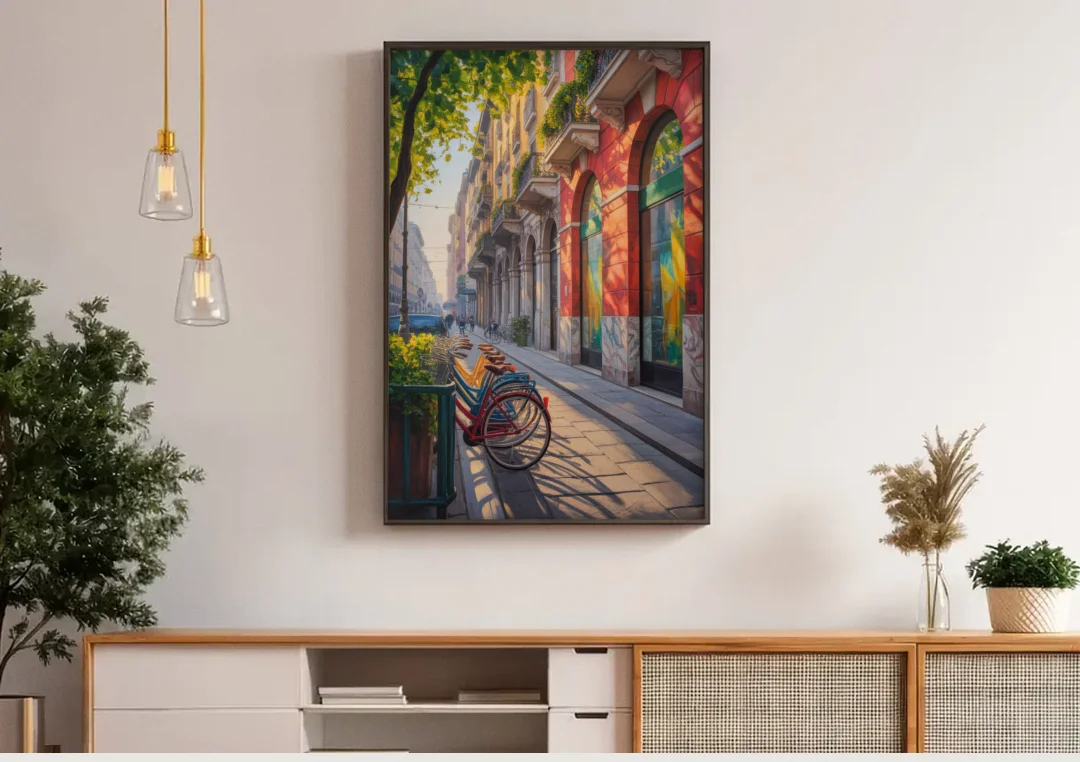 Pinacoteca Brilliance canvas wall art above a wooden sideboard under pendant lights