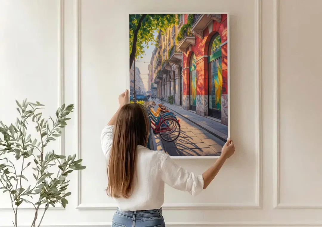 Pinacoteca Brilliance canvas wall art being hung on a paneled wall