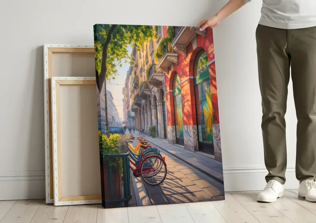 Pinacoteca Brilliance canvas wall art leaning against a wall next to blank canvases