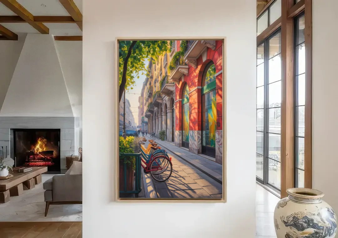 Pinacoteca Brilliance canvas wall art in a living room with a fireplace