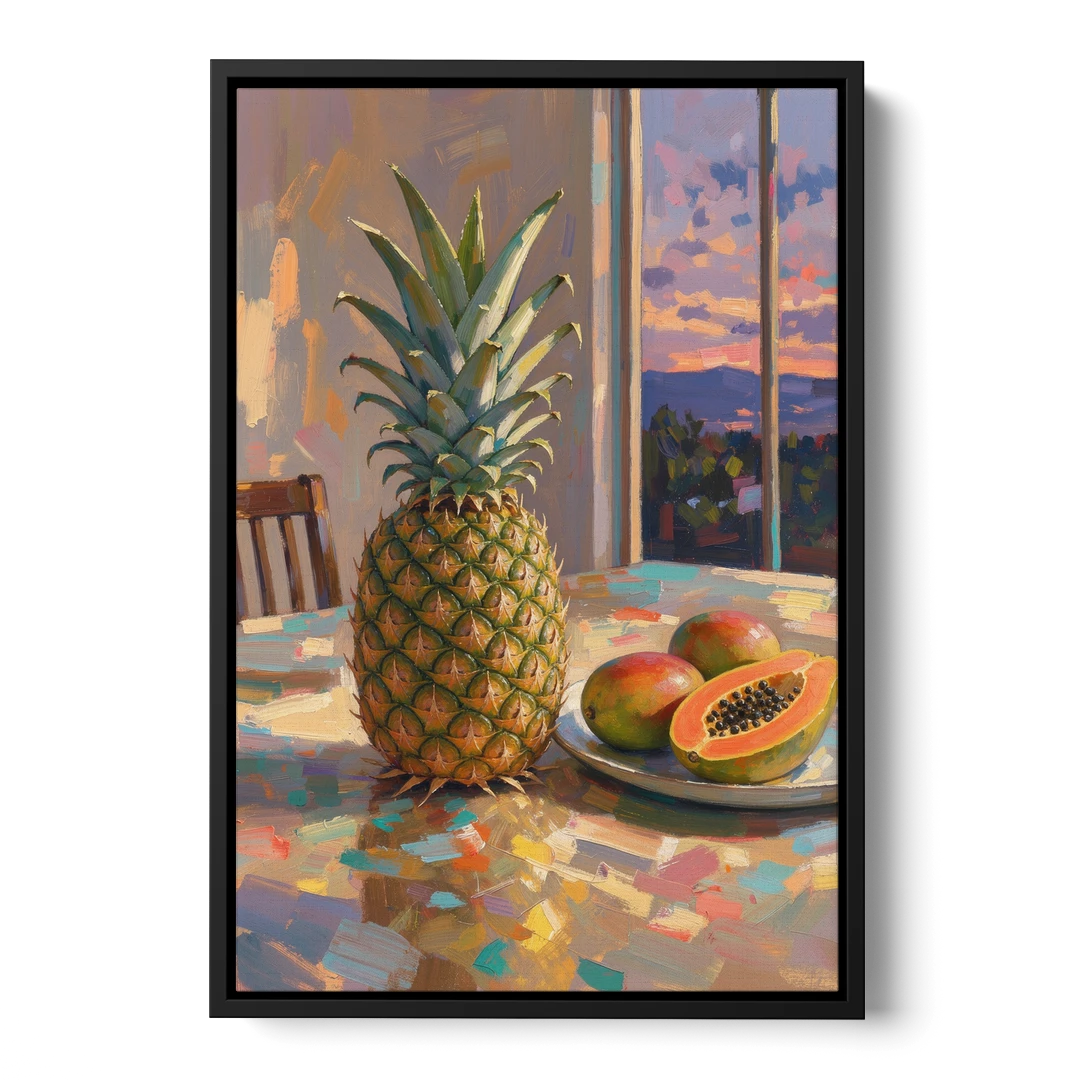 Pineapple and Papaya at Dusk for the Dining Room - Black Framed Canvas Wall Art - Front