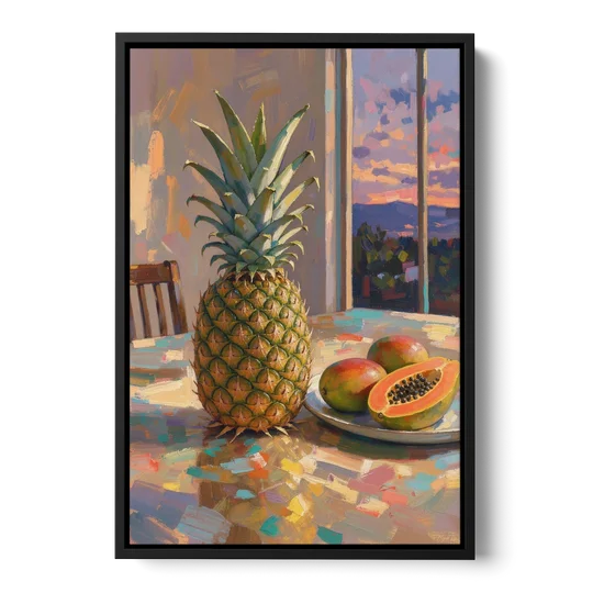 Pineapple and Papaya at Dusk for the Dining Room - Black Framed Canvas Wall Art - Front