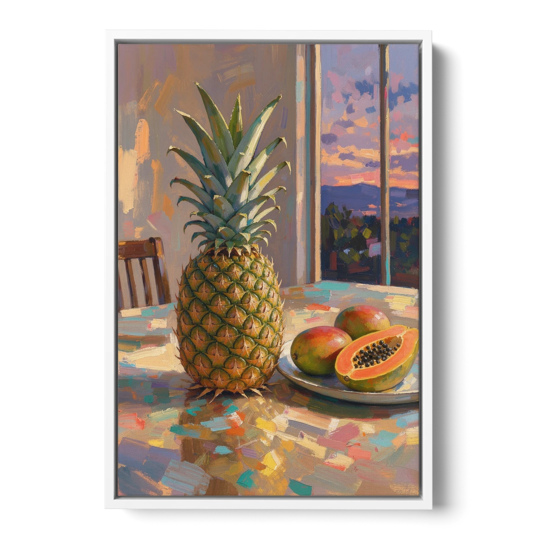 Pineapple and Papaya at Dusk for the Dining Room - White Framed Canvas Wall Art - Front