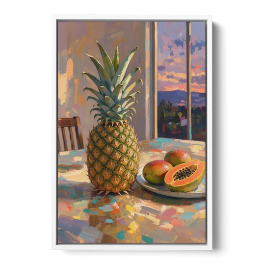 Pineapple and Papaya at Dusk for the Dining Room - White Framed Canvas Wall Art - Front