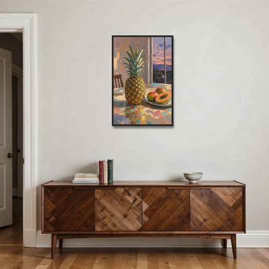 Pineapple and Papaya at Dusk for the Dining Room - Black Framed Canvas Wall Art - Coffee Table - 24x36