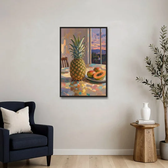 Pineapple and Papaya at Dusk for the Dining Room - Black Framed Canvas Wall Art - Sofa - 24x36