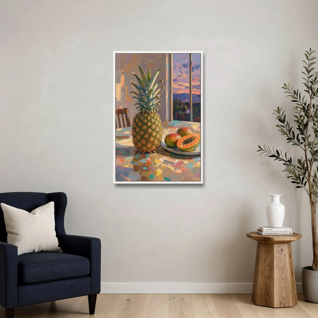Pineapple and Papaya at Dusk for the Dining Room - White Framed Canvas Wall Art - Sofa - 24x36